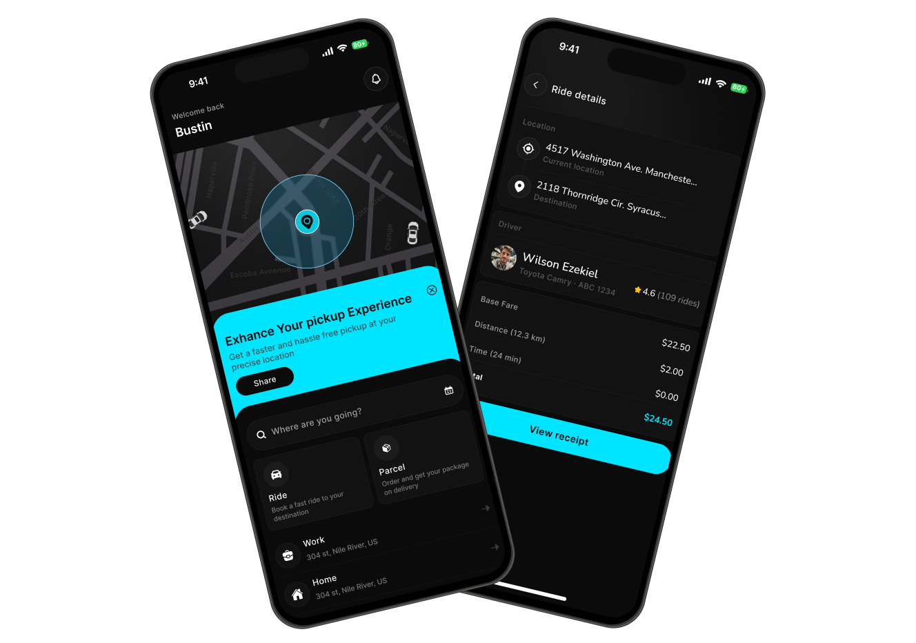 App screens showing map and ride details